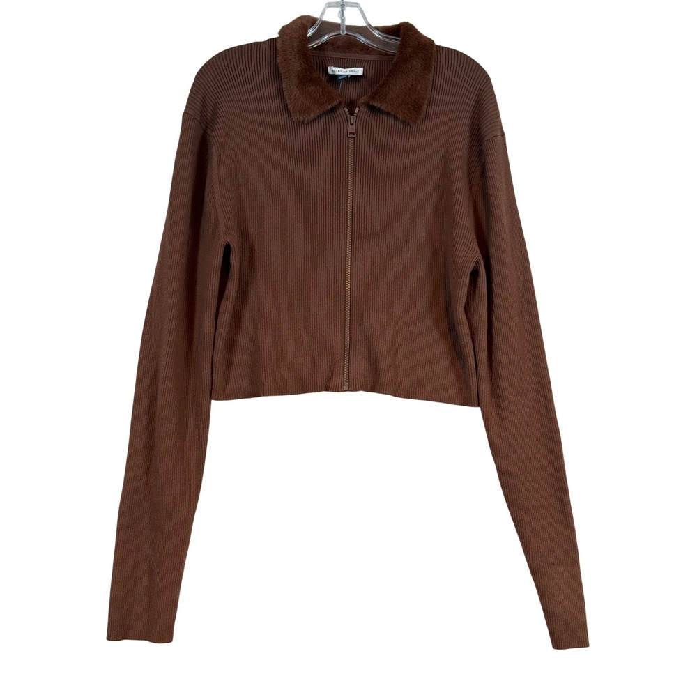 NWT American Eagle Womens XXL Brown Ribbed Faux Fur Collar Cropped Cardigan Y2K